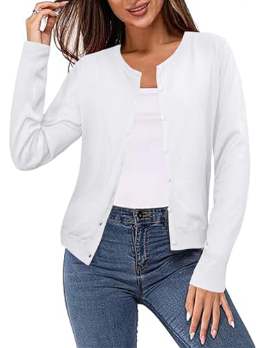 Irevial Cardigan Mujer Manga Larga Ligero con Cuello Redondo,Chaqueta de Punto Estilo Básico Elegante Cárdigan Jersey con Botones Rebecas Casual para Primavera Otoño Blanco M
