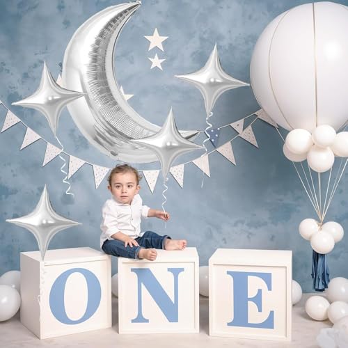 Image of Toys Treasure 5pcs Large 36 inch Metallic Moon + 18 inch Silver Star Foil Balloons - Birthday Graduation New Year Party (Silver Moon Star 5pcs)