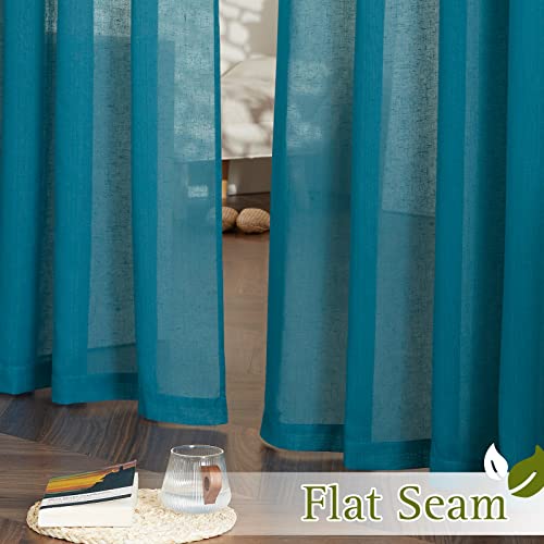 NICETOWN Linen Sheer Bedroom Curtains 72 inch Long, Grommet Top Casual Flax Semi Sheer Window Drapes Privacy with Light Filtering for Living Room, W52 x L72, Peacock Green, Set of 2