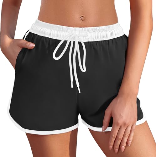 Ekouaer Badeshorts Damen Badehose High Waist Schwimmhose Schnell Trocknende Strandshorts Frauen mit Liner Taschen Schwarz + Weiß L