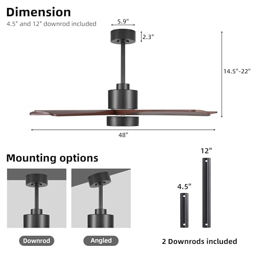 Image of WINGBO 48 Inch DC Ceiling Fan with Lights and Remote Control, 5 Carved Solid Wood Blades, 6-Speed Noiseless Reversible DC Motor, Indoor Ceiling Fan in Matte Black Finish with Walnut Blades
