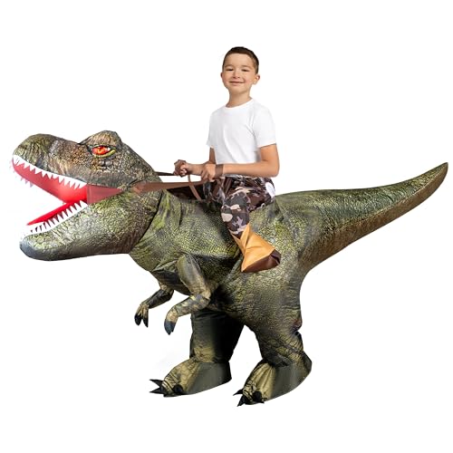 Spooktacular Creations Halloween Inflatable Dinosaur Costume Kids, T-Rex Air Blow Up Costumes, Digital Printing Ride-On Dinosaur for Halloween Parties, (Green S)