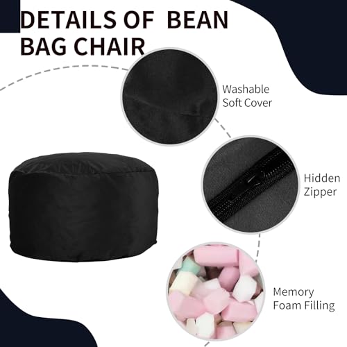 3 Feet Bean Bag Chair, Memory Foam Filled, Removable Cover, Bean Bag Chairs for Adults and Teens, Round Sofa Chair for Living Room, Bedroom and Gaming Room, Black - Image 5