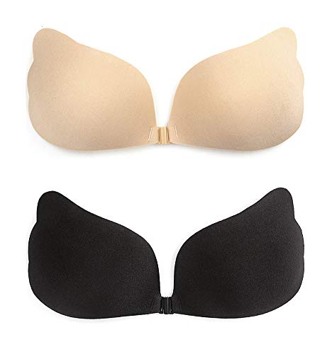 Invisible Self Adhesive Bra 2 Pairs, Rabbit Push Up Strapless Sticky Bra Lift Breast Reusable Silicone Nippleless Covers (Beige+Black(Angel), D Cup) #TOP10