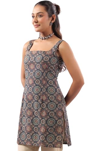Image of Rimeline Women's Printed Cotton Sleeveless Square Neck Kurti Top | Straight Fit Ethnic Casual Tunic