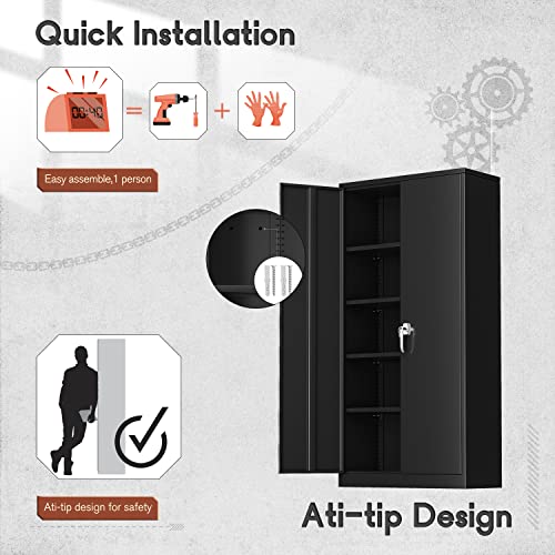 Superday Locking Metal Storage Cabinets, 71" Lockable Steel Storage Cabinet, Tall Black Cabinet With 2 Doors And 4 Adjustable Shelves For Garage, Home Office, Classroom, Pantry, File, Easy Assemble #TOP1