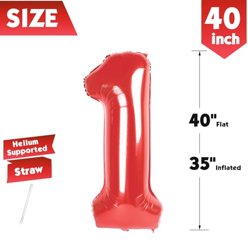 Image of 40 Inch Red Number 1 Balloon Birthday Party Decorations for Men & Women | 40 Inch Red inflatable foil number balloons, large birthday decorations for 1st birthday