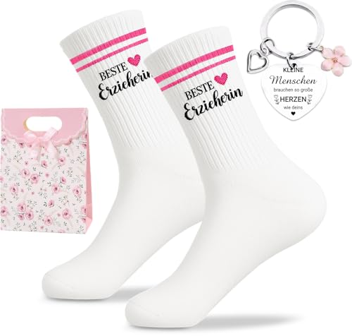Scinzene 3 Stück Erzieherin Geschenk Set mit Socken Schlüsselanhänger Tüte abschiedsgeschenk erzieherin Lustige Strümpfe Baumwolle Geburtstag für Kita Kindergarten Schule