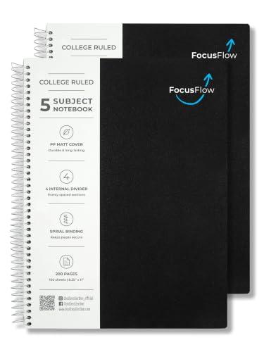 Image of DOODLE Focus Flow 5 Subject Spiral Notebook Set of 2 | Black + Black | 200 Sheets Each, College Ruled Paper | Notebooks with Dividers & Water Resistant Covers for School, College & Office