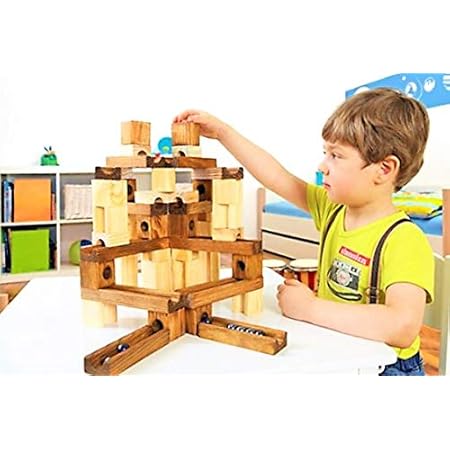Amazon Ms 0 木製ブロック 60pcs 日本製ビー玉5個 スロープ ビー玉転がし パズル スロープトイ おもちゃ