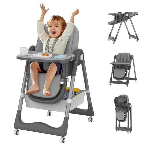 Image of High Chairs for Babies and Toddlers, 3-and-1 Portable Foldable High Chair with Storage Bag, 8 Height Baby High Chair with 2 Dinner Plates,Infant Highchairs with Wheels for Babies and Toddlers Travel