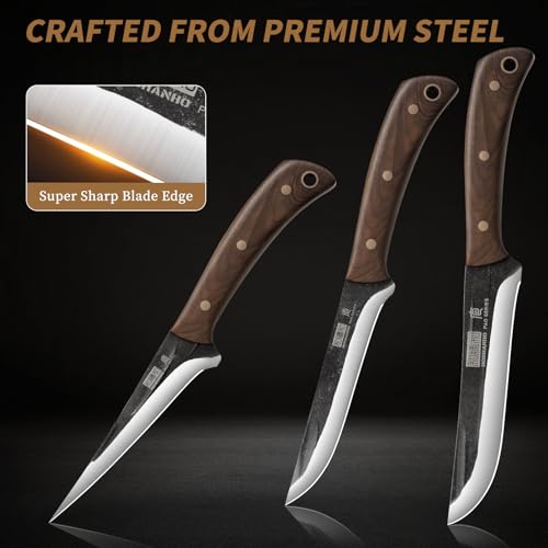 HOSHANHO Butcher Knife Set 3-Piece, Super Sharp Hand Forged Fillet & Dividing & Paring Knife Set, Upgraded High Carbon Stainless Steel Meat Cutting for Home, Outdoor