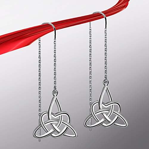 Meixao S925 Sterling Silver Celtic Knot Triangle Vintage Love Heart Needle Drop Threader Pull Through Earrings for Women