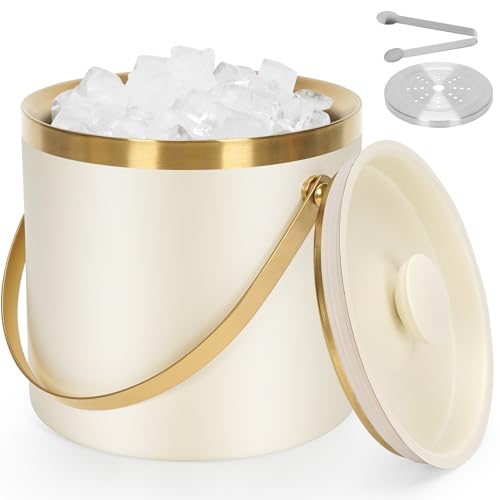 ZORMY 3L Double-Wall Vacuum Insulated Stainless Steel Ice Bucket with Lid & Tong，Wine and Champagne Bucket for Home & Parties（WhiteGold）