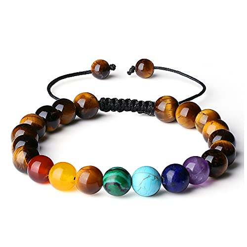 XIANNVXI 7 Chakra Healing Crystal Stone Beaded Bracelet Tiger Eye Natural Gemstone Beads Reiki Yoga Meditation Anxiety Quartz Adjustable Braided Bracelets