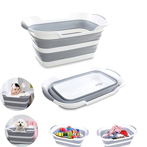 Varybeaty Multifunction Collapsible Baby Bathtub,Toddler Bathtub,Small Pets Bathtub for Puppy Small Dogs Cats and Kids , Plastic Laundry Basket Storage Basin with Drainage Hole (Grey)