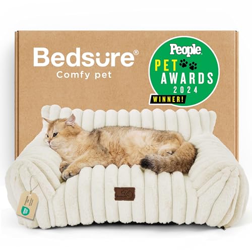Bedsure ComfyFleece™ Cute Cat Couch for Pets - As Seen on TV on Good Day New York, Fuzzy Cats beds for Indoor Cats with Removable Washable Cover, Supportive Pet Sofa, 24inch, Cream
