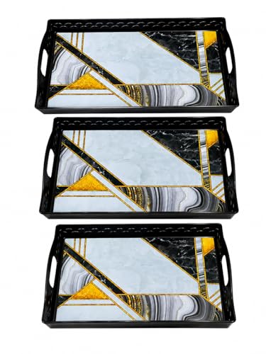 Image of KITCHIVO 3 Pcs Plastic Serving Tray Set with Handle | Multipurpose Tea Snacks Breakfast Tray | Floral Printed Rectangular Serving Trays for Kitchen & Home (Black Marble Luxe)