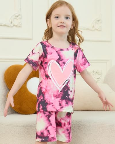 Image of Kids Girl Clothes Tie Dye Heart Print Short Sleeve Top and Shorts Toddler Girl Summer Outfits Short Set