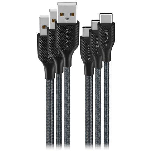 INSIGNIA Cables USB, carga de alta velocidad de 20 Gbps y sincronización de datos, nailon trenzado, compatible con MacBook, portátil, iPhone, iPad, Android (4/6/10 pies (paquete de 3, negro), cable