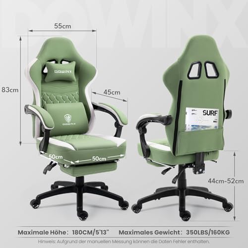 Dowinx Sedia Gaming con cuscinetto in gel e borse di Stoccaggio, Ampio Sedile Piatto Poltrona Gaming, Sedie Gaming Ergonomica con supporto lombare Sedia Game, verde - Immagine 2