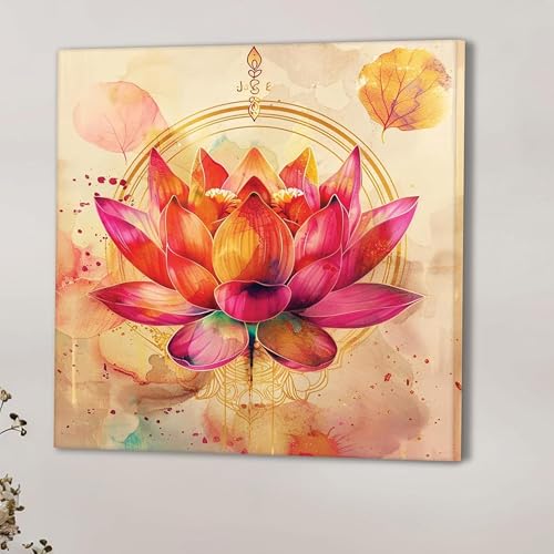 Image of Pink Vastu Lotus Stretched Canvas Wall Art Painting for Living Room | Elegant Floral Artwork Painting | Modern Spiritual Wall Decor for Home, Bedroom & Office, 22x22 Inch