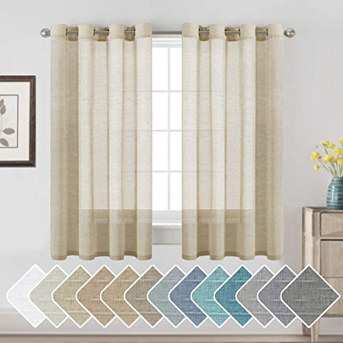 Butter Linen Curtain Panels for Small Window / Home Decorative Rich Natural Linen Sheer Curtains for Bedroom / Laundry - 2 Panels - Elegant Nickel Grommet Top - 52x63 - Inch