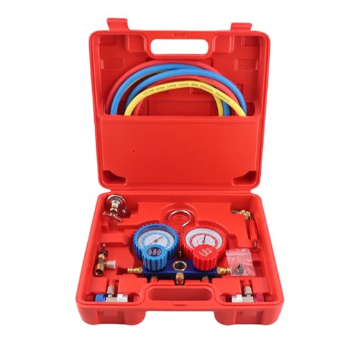 SOULONG - Caja de manómetros de aire acondicionado R134a con mangueras de carga tricolores y adaptadores, kit de aire acondicionado de coche refrigerante colector para sistemas de aire acondicionado