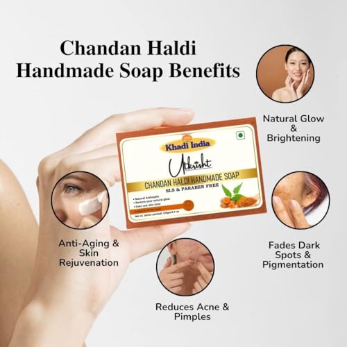 Image of Khadi Chandan Haldi Handmade Bathing Soap Bar 125g (Pack of 4) | Natural & Herbal Anti-Aging Soap for Glowing Skin | Fades Dark Spots & Pigmentation | Reduces Acne & Pimples | All Skin Types