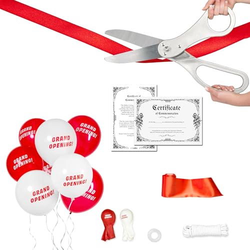 Crutello Deluxe Giant Ribbon Cutting Ceremony Kit 20"Giant Scissor Set, Sharp, Silver Handled XL Scissors, 30ft of 4"Wide Red Ribbon, 10ft Banner, 10 Red & 10 White Balloons, Banner Rope, Balloon by Crutello - Used condition - US$16.16