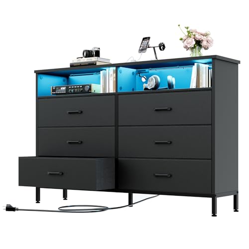 Black Dresser for Bedroom 6 Drawer Dresser Fabric Vertical Storage Tower with Fabric Bins with Open Shelves LED Light and Charging Station Chest of Drawers for Closet Chests Organizer Living Room