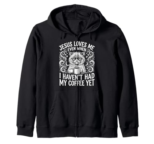 Funny Jesus Loves Me Coffee Cat Christian Humor Zip Hoodie
