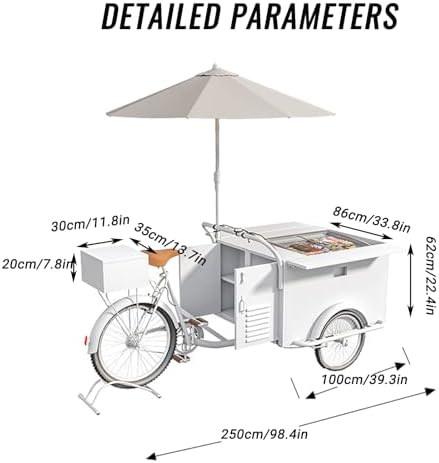 Mobile Tricycle Beverage Display Case with Umbrella, Ice Cream & Snack Vending Cart, Portable Food Showcase for Street Markets & Playgrounds, Storage Cabinet Included