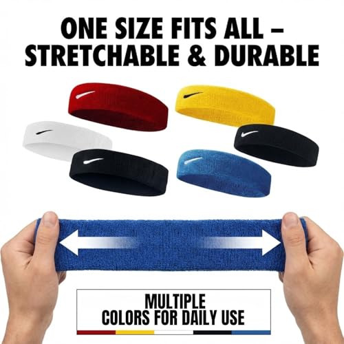 Image of Cotton Headband Sports, Men's women'sGym Workout,Yoga Sweatband-All Sports Wear Headband Fitness Band Unisex (Pack of 5) Red /Yellow /White /Black /Blue