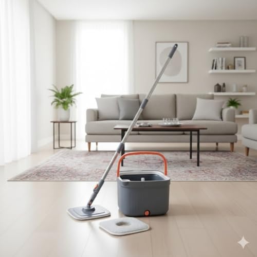 Image of R Runilex 360 Rotating Square Bucket Mop with Adjustable Handle Reusable Microfiber Pads for Wet & Dry Glass, Wall, Tile and Home Floor Cleaning - Grey and Orange