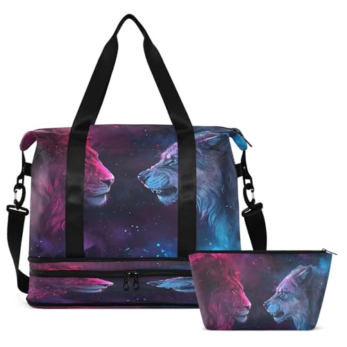 ALAZA Two Lion Galaxy Space Animal Travel Duffel Bag for Women Men Sports Gym Bag with Shoe Compartment Tote Weekender Overnight Bag with Wet Pocket for Travel, Gym,Yoga,Swimming2
