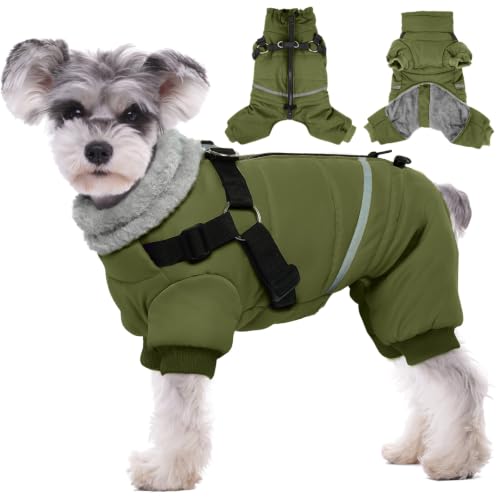Image of BRKURLEG Dog Winter Coat with Harness Built in, Winter Dog Jackets for Small and Medium Dogs, Small Dog Snowsuit Reflective Windproof Cold Weather Dog Coat, Dog Warm Fleece Coat, Army Green, L
