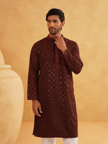 Image of SOJANYA Men's Coffee Brown Cotton Blend Kurta with Intricate Embroidery & Subtle Sequin Work