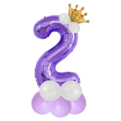 Image of Purple 2 Number Foil Balloon with Crown & Base Balloons | 32 Inch Helium Supported for Birthday, Anniversary, Baby Shower Decoration - Pack of 14