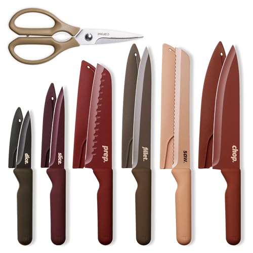 Image of CAROTE Knife Set with Letter, Knives with Kitchen Shears, 13-Piece | 6 Stainless Steel Knives, Nonstick Ceramic Surface & Blade Guards, Dishwasher Safe, Ergonomic Handles, Daily use