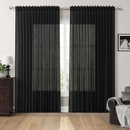 Image of Extra Wide 100 Inch Linen Curtains for Living Room Divider Light Filtering Semi Sheer Back Tab Patio Curtains for Sliding Door Black Coastal Decor Sunroom Floor to Ceiling Window Curtain 100x84