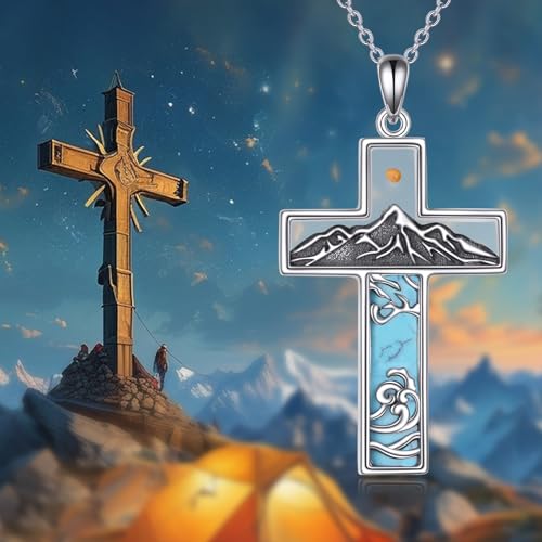 God is Greater than the Highs and Lows Necklace S925 Sterling Silver Turquoise Cross Mountain Pendant Necklace Highs and Lows Christian Jewelry Gifts - Image 7