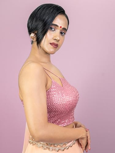 Image of FIGURE'S DESIGNER Women's Spagehtti Neck Strap Sequin Embroidered Sleeveless Readymade Saree Blouse E22