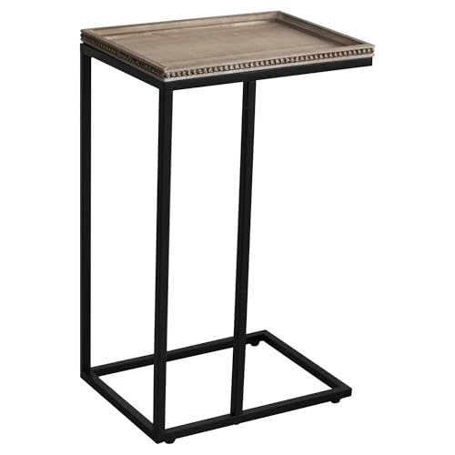 Image of COZAYH Farmhouse C-Shaped Couch End Table with Distressed Beaded Edge Tray Top & Metal Frame, Rustic Side Accent Table for Living Room, Black