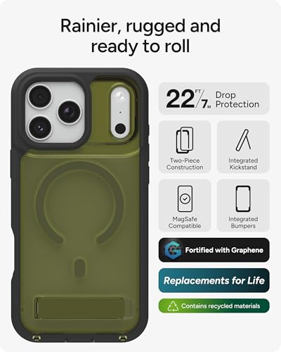 Image of ZAGG Rainier Case with Kickstand for iPhone 17 Pro Max - Green Sea Kelp, Graphene 22ft (7m) Drop Protection, Lanyard Attach Points, MagSafe, Wireless Charging Compatible, 2-Piece Design, Phone Case