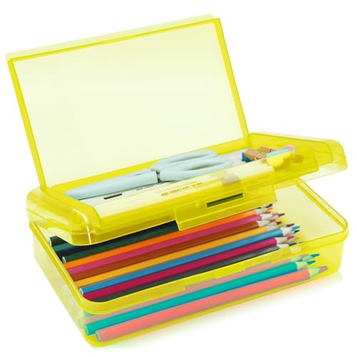 Image of 1 Pack Double Layer Hard Pencil Cases, Plastic Translucent Pencil Box with Snap-Tight Lid for Pens, Pencils, School, Stylish Office Supplies Storage Organizer Box,Medium-sized (Yellow)