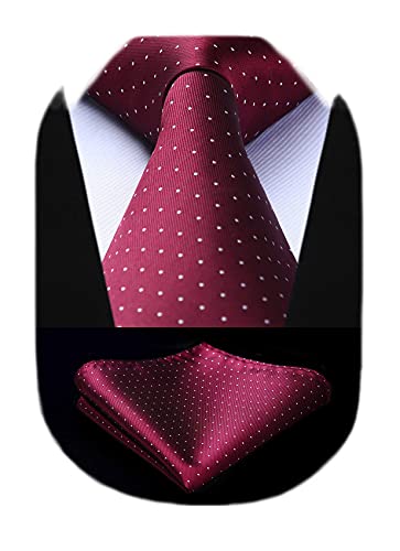HISDERN Polka Dot Burgundy Ties for Men Handkerchief Woven Classic Silk Mens Ties and Pocket Square Set Wedding Business