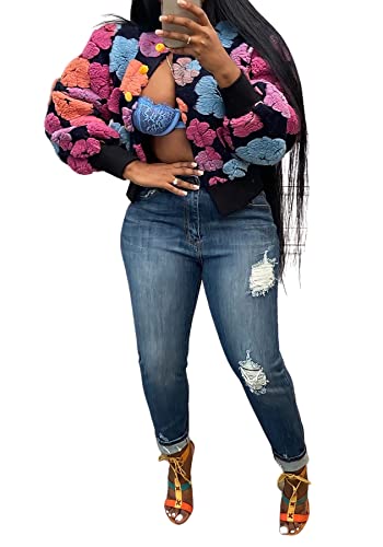 Fleece Jacket Women Button Down Long Puff Sleeve Flower Pom Pom Cropped Sweater Bomber Jackets #TOP2