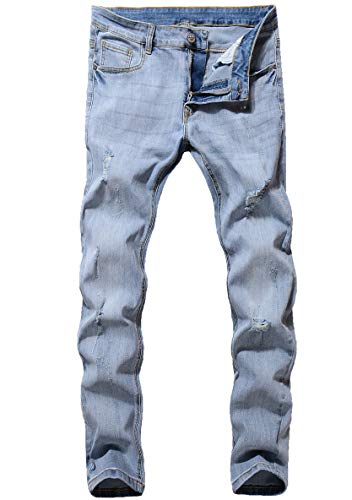 ZLZ Men s Ripped Skinny Distressed Destroyed Slim Fit Stretch Biker Jeans Pants with Holes Light Blue