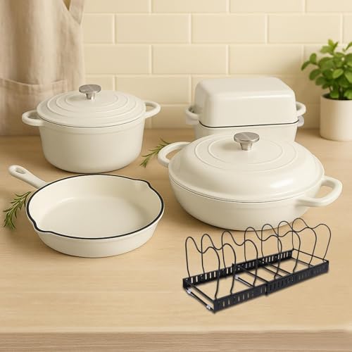 GFTIME Batterie de cuisine en fonte, 5 pièces, casserole hollandaise 2,3 QT, cocotte 4,7 QT, poêle à frire de 28 cm, moule à pain – Casseroles et poêles en fonte émaillée polyvalentes résistantes au